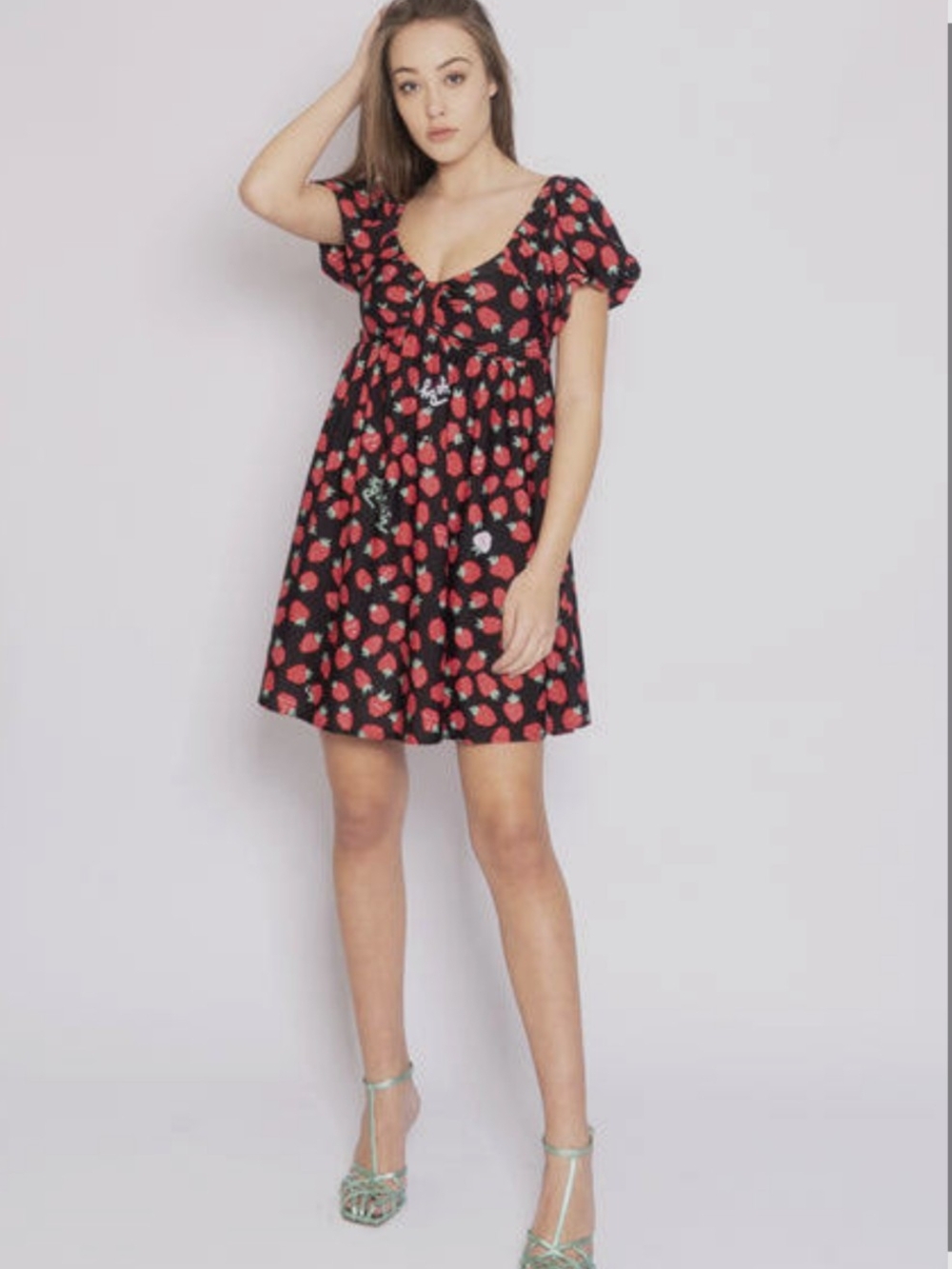 EnRevelry Black Midi Wrap Dress with Pink & Cream Dot Floral Print